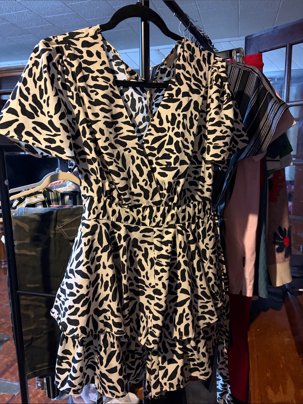 indulge Black & White Ruffle V-Neck Mini Dress